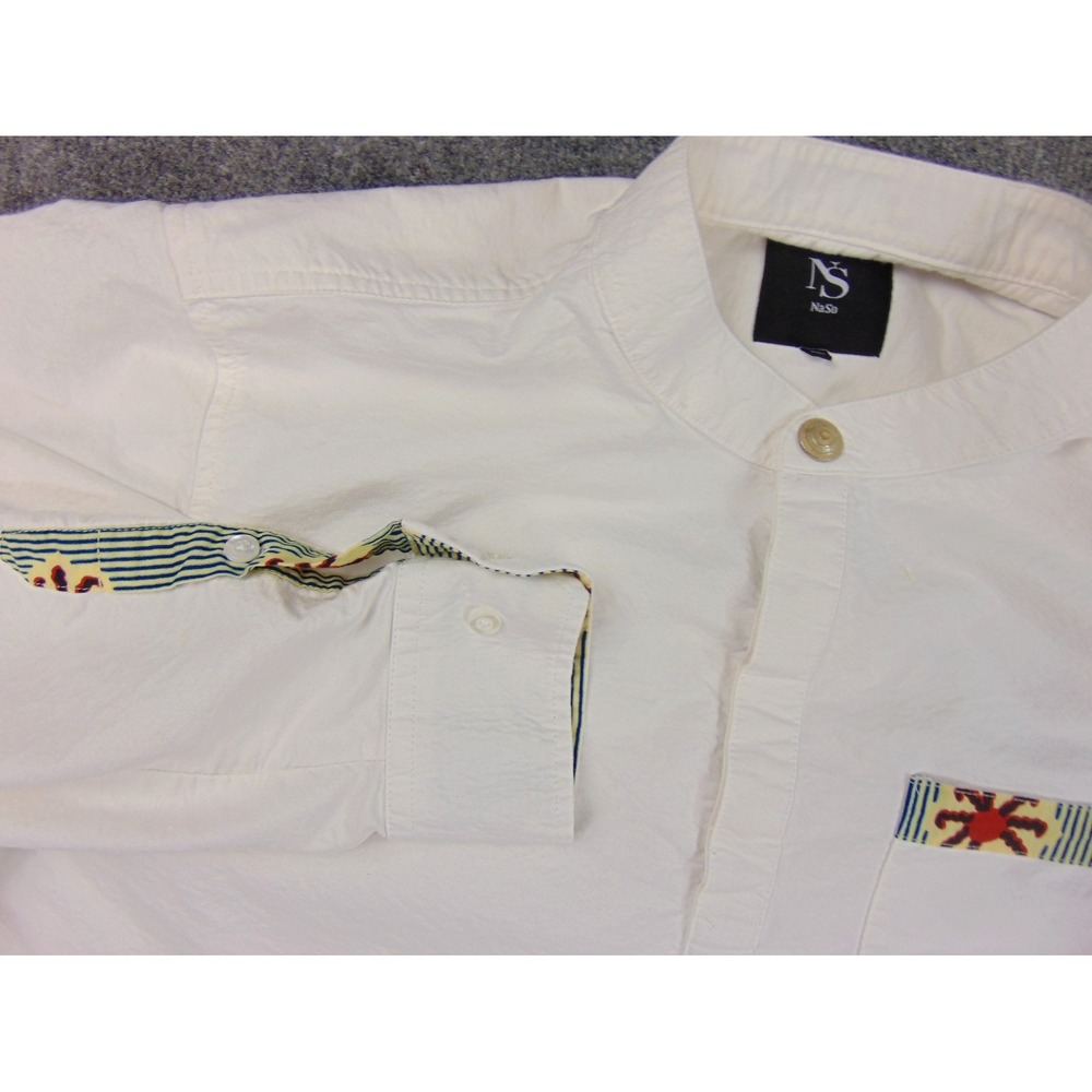 NaSo Shirt Mens XL White Band‎ Collar Pullover Embroidered Trim Boho Casual